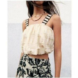 Zara Combination Strap Balloon Tank Top Cream Black Stripe Boho Size Small